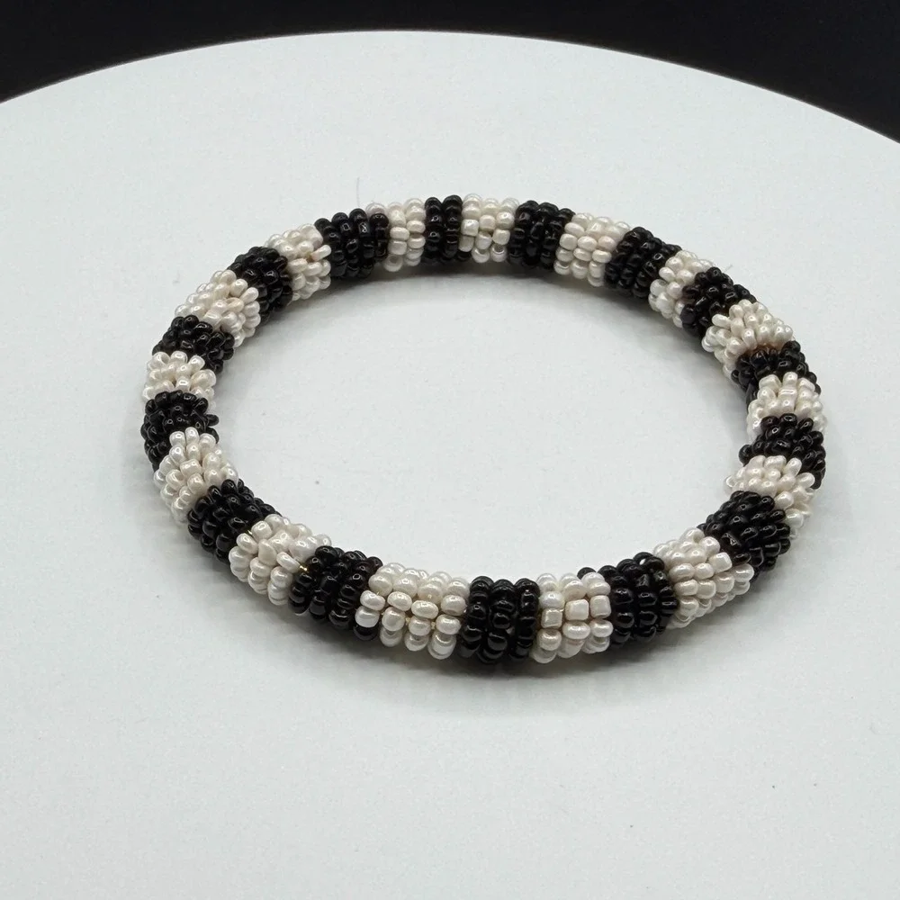 Black White Seed Bead Bangle Bracelet Boho Stretch Statement Handmade Gift Chic